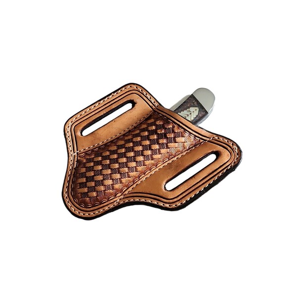 Hand Tooled Basket Weave 4" Tan Leather Knife Sheath Pancake Style - Picture 3 of 5